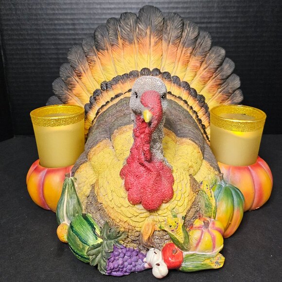 Large Resin Thanksgiving Colorful Turkey Centerpiece With 2 Candle Holders 2 LED - Picture 1 of 12